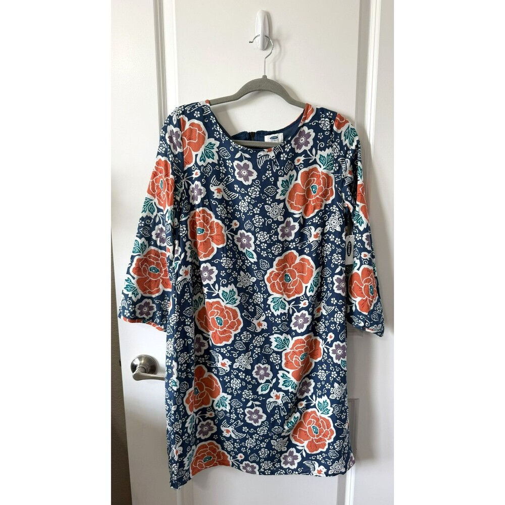 NWT Old Navy Blue Floral Shift Dress M Tall 3/4 Sleeve Boho large print Zip Back